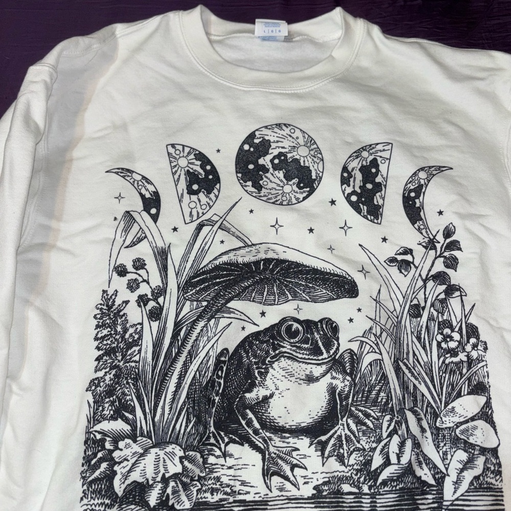 White Sweatshirt with Frog and Moon Design